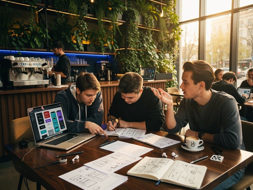 Junge Freunde in Café collaborieren mit Claude Design und Figma-Interfaces an Tech-Projekten