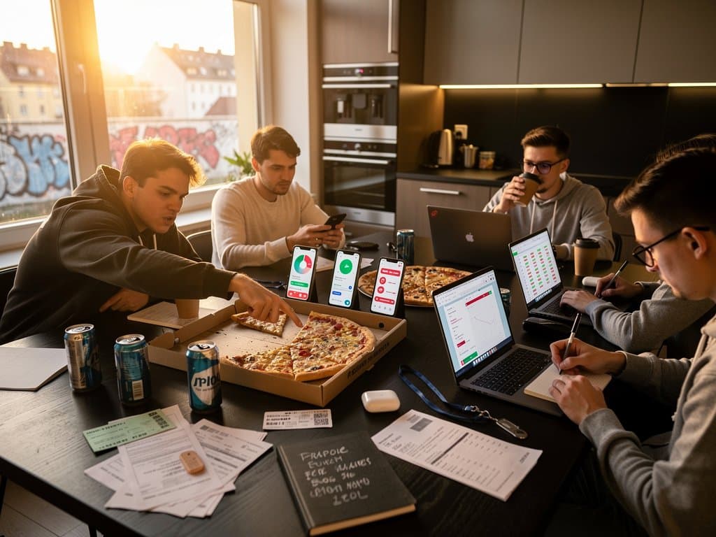 KI-Apps für Gruppenbudgets: Szene mit Smartphones, Rechnungen und Splits in WG