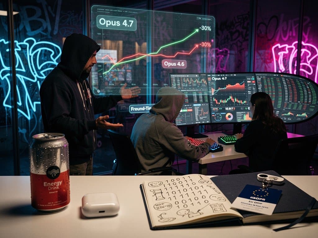 AI-Token-Vergleich Opus 4.7 vs 4.6 mit Chat-Bubbles und Krypto-Charts