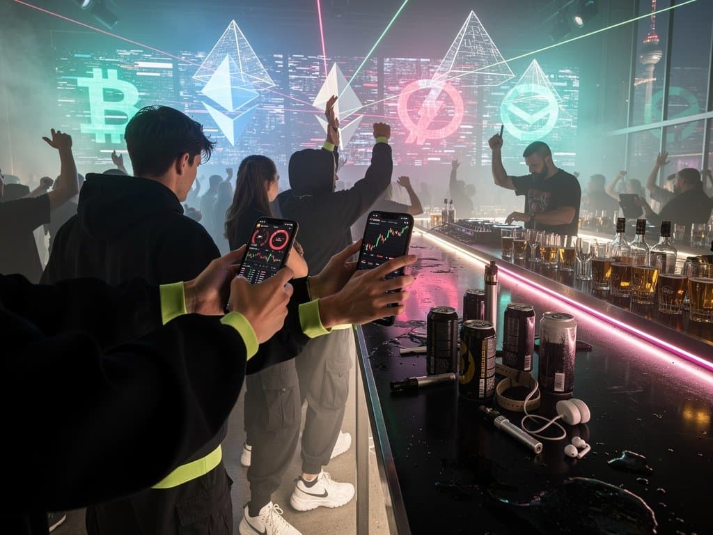 Junge Trader mit Smartphones in Berliner Club, Crypto-Charts und Surge-Daten auf Screens