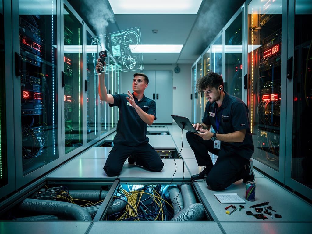 Techniker reparieren Helium-Kühlsysteme in Data-Center mit Nvidia-Servern und glitchigen Monitoren