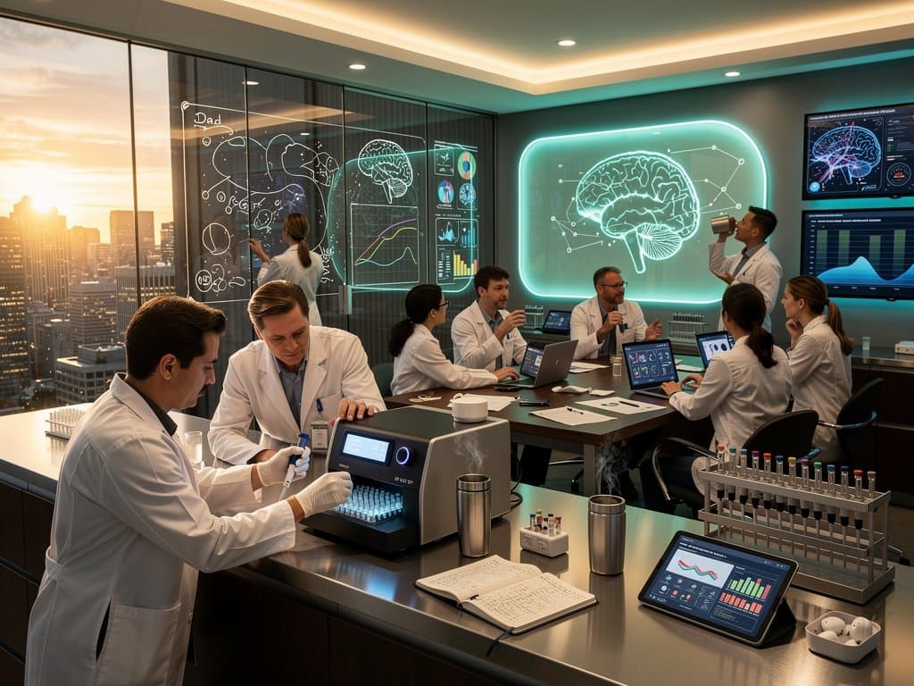 Forscher analysieren Gehirnscans und Hormondaten an High-End-Monitoren in einem modernen Labor