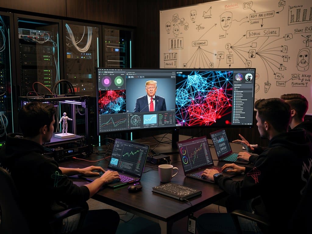 Junge Entwickler analysieren Deepfake-Avatare in Berliner Tech-Lab mit KI-Grafiken, Servern und Crypto-Charts