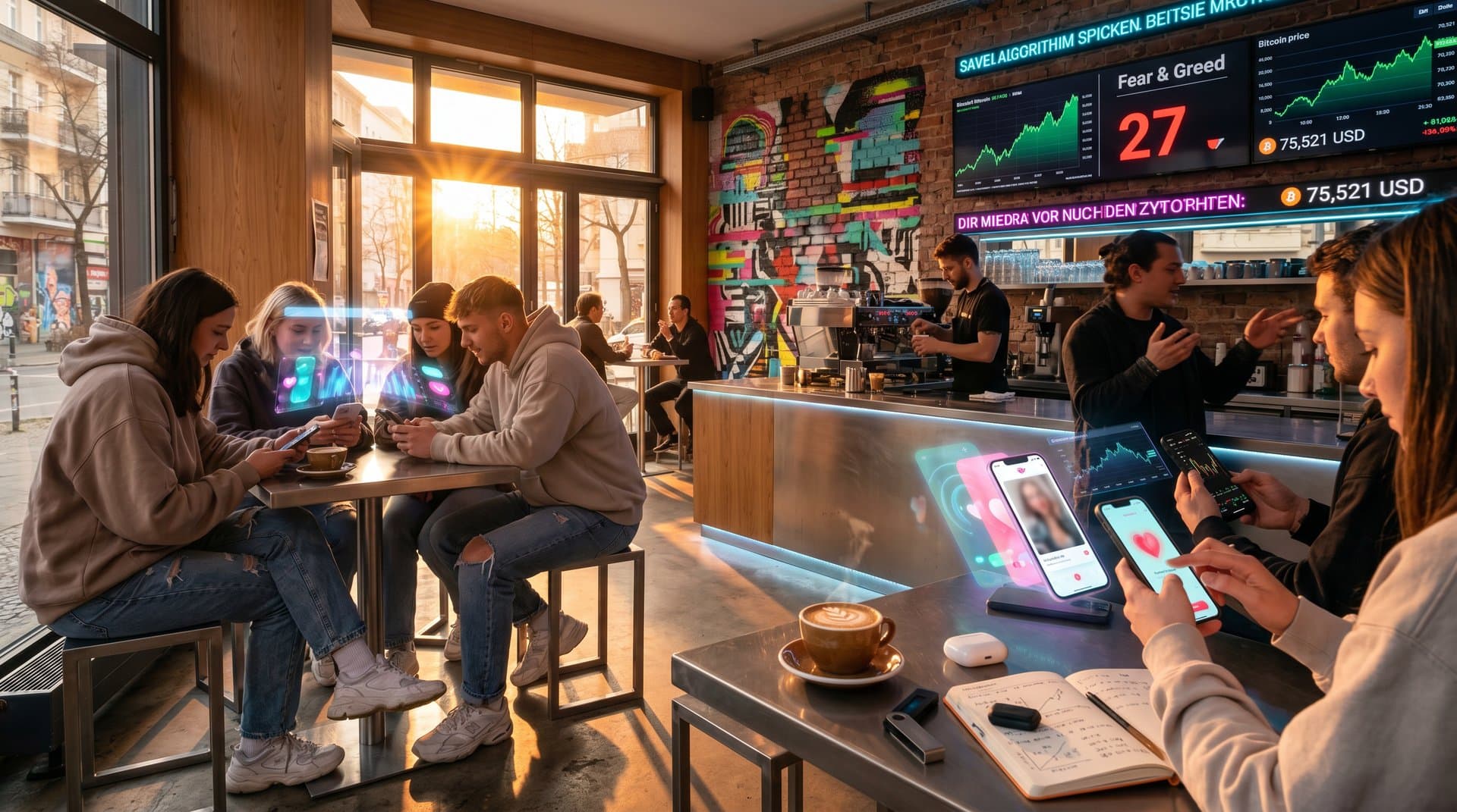Junge Leute swipen Dating-Apps mit AI-Overlays und Börsen-Charts in Berliner Café