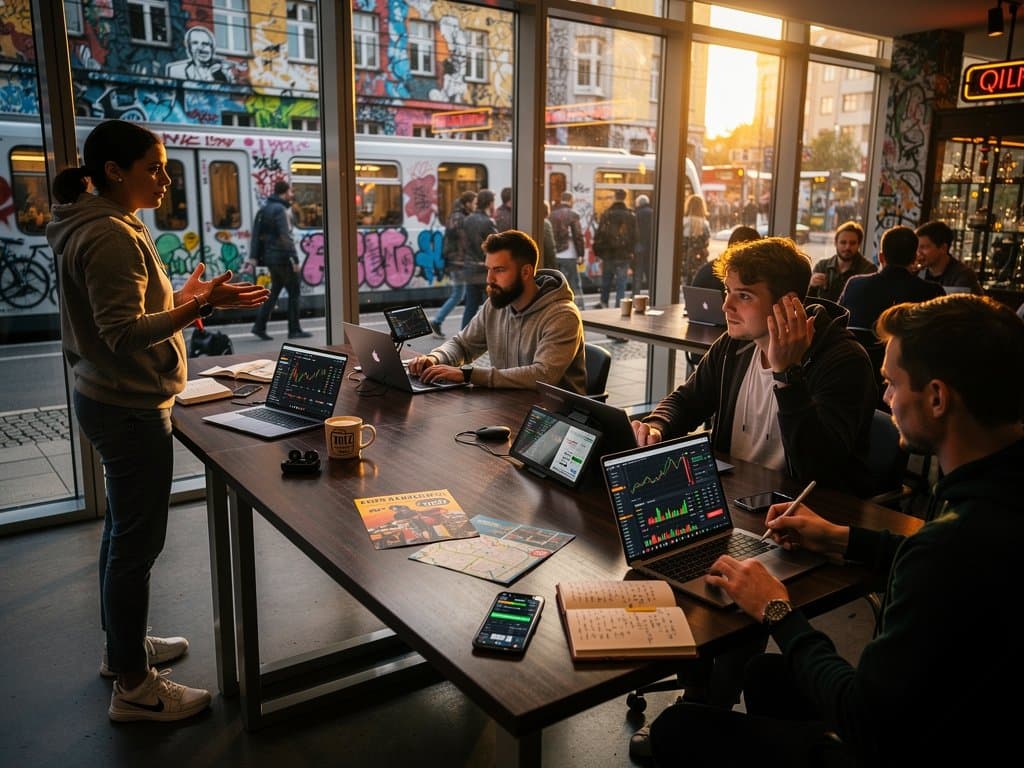 KI-Aktien-Charts, Trade Republic App und Berlin-Reiseplaner auf Tisch in Coworking-Space