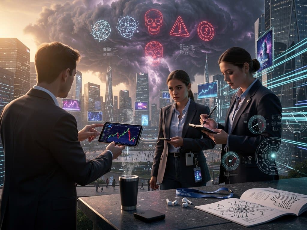 KI-Risiken und Crypto-Angst: Junge Menschen mit Wallets vor Skyline