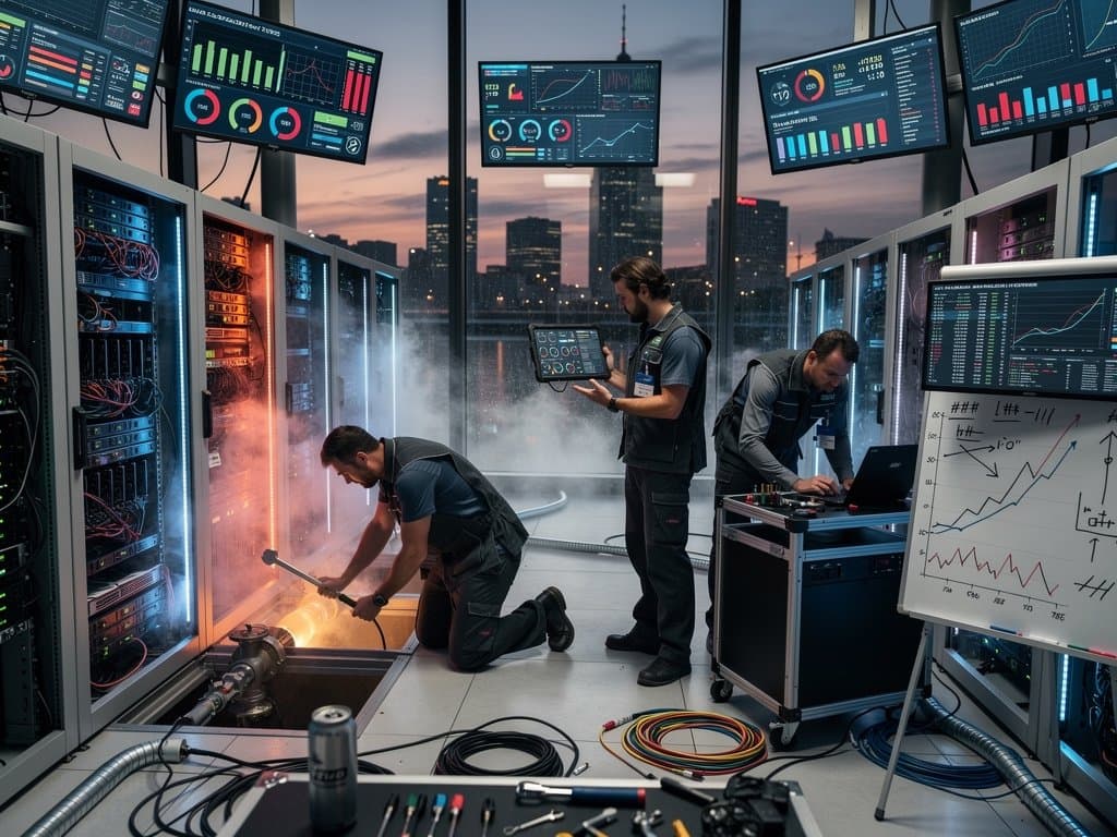 Data-Center-Techniker reparieren Helium-Kühlung inmitten von AI-Servern