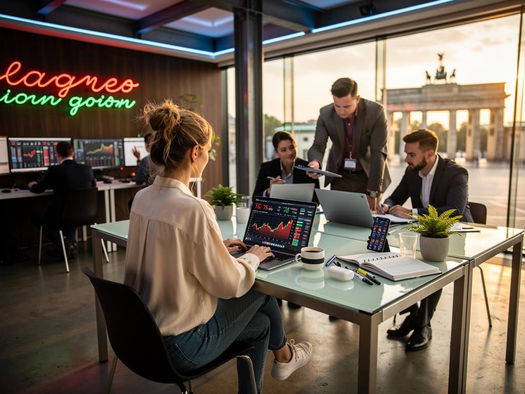 Junge Deutsche in Berliner Büro mit ChatGPT und BTC-Charts diskutieren KI-Dilemma (72 chars)