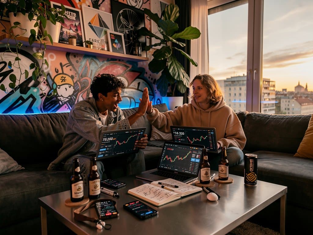 Berliner WG-Szene mit Charles Schwab Crypto-Charts, BTC bei 75.250 USD für Paare und Freunde