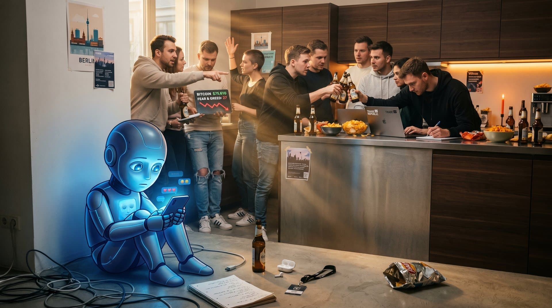 Roboterjunge vor Smartphone kontrastiert mit lachenden Freunden in WG bei Crypto-Charts