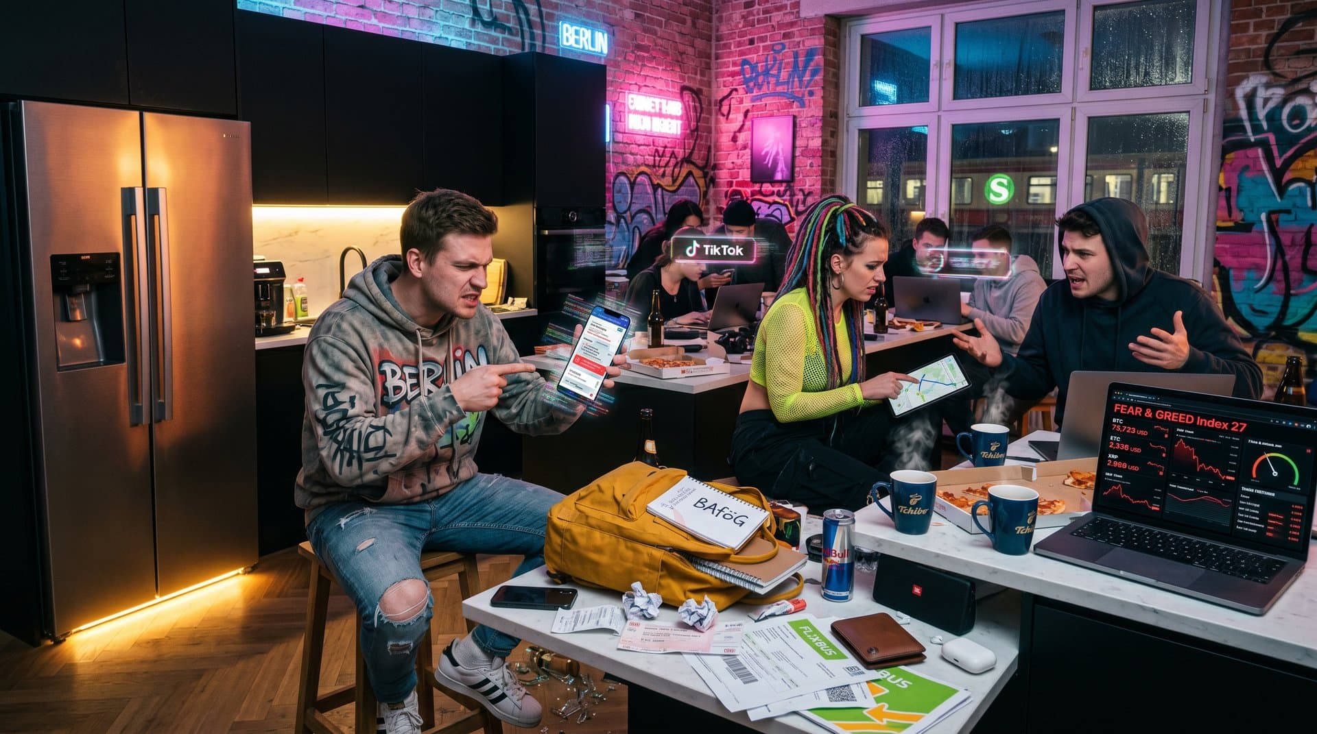 Chaotische AI-gestörte Reise- und Date-Pläne in Berliner WG mit Crypto-Charts