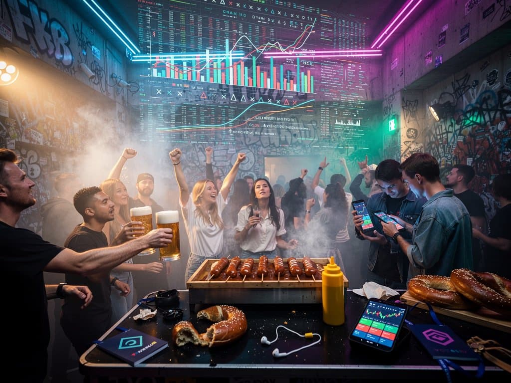Junge Berliner in Club mit KI-Projektionen und Crypto-Apps, energiegeladene Nachtszene