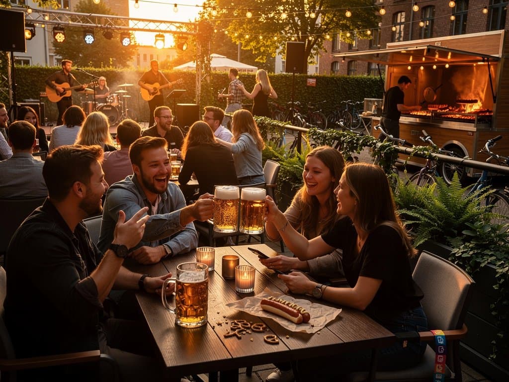 Junge Leute in Berliner Biergarten bei Date, ignorieren Smartphones mit Dating-Apps