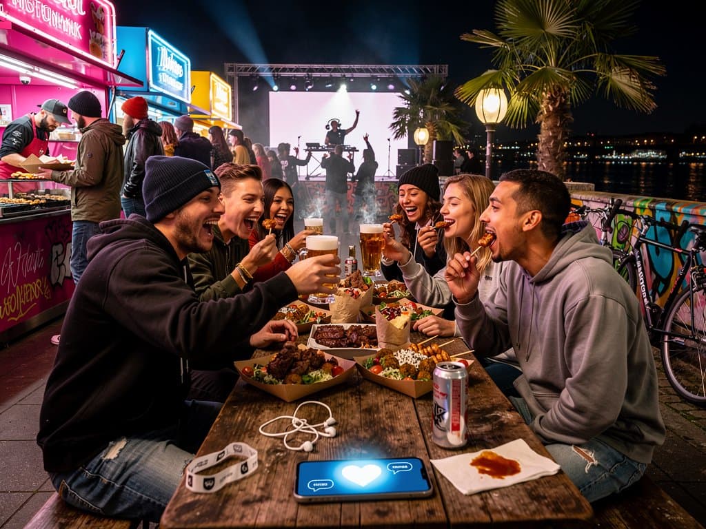Junge Gruppe bei Streetfood in Berlin, Smartphone mit AI-Chat, festivalartige Nacht am Elbufer, vibrant und community-fokussiert