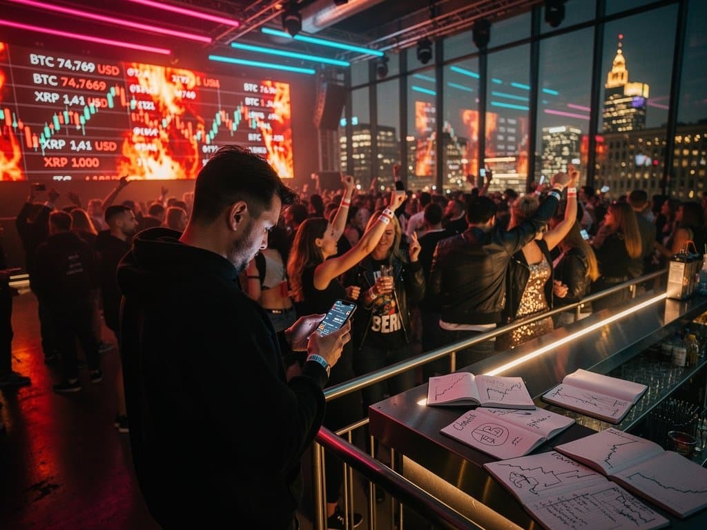 Berliner Club-Szene mit Crypto-Charts auf Smartphone und Festival-Vibes