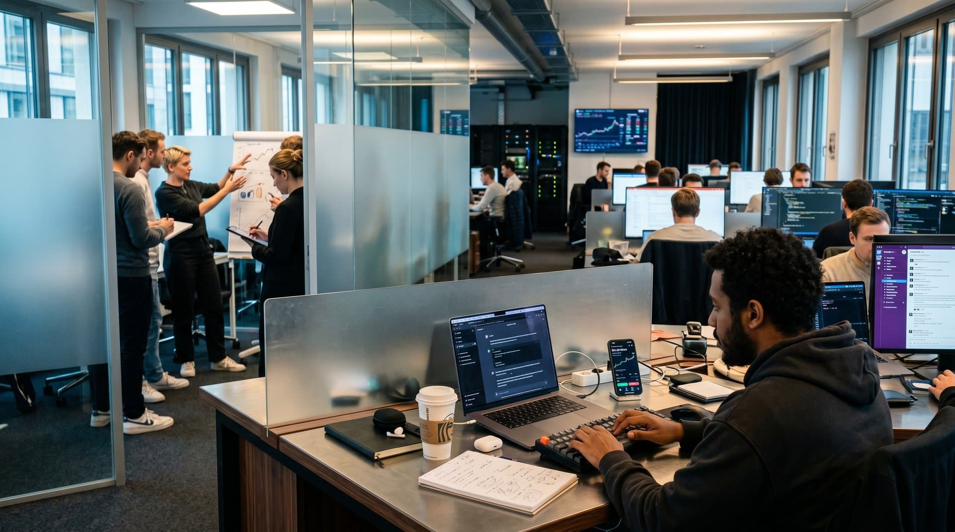 Büro-Szene mit ChatGPT auf Laptop, Crypto-Charts im Hintergrund, tech-finance Atmosphäre