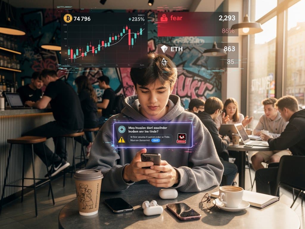 Junger Mensch chattet mit KI über Autismus, Crypto-Charts im Hintergrund mit fallendem BTC