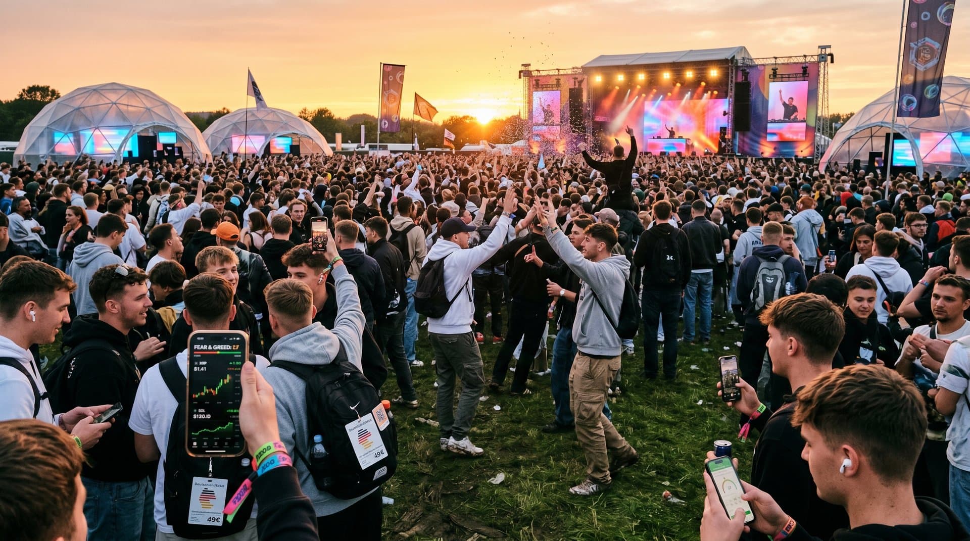 Festival-Szene mit Crypto-Charts: Fear 27, XRP 1,41 USD und 5x-Gains auf Smartphones