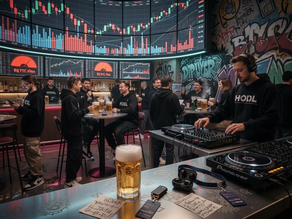 Junge Leute in Berliner Bar teilen Crypto-Wallets unter Neonlichtern mit BTC-Charts und HODL-Graffiti