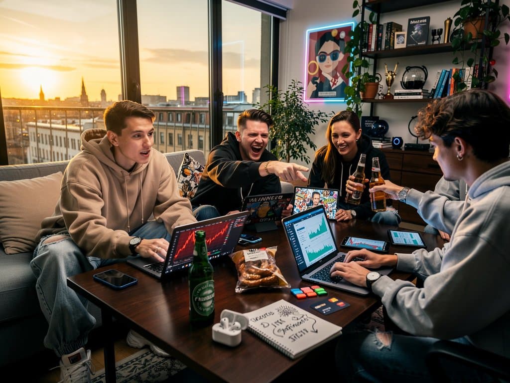 Freunde in Berliner WG diskutieren Crypto und KI bei Bier mit Charts auf Laptops