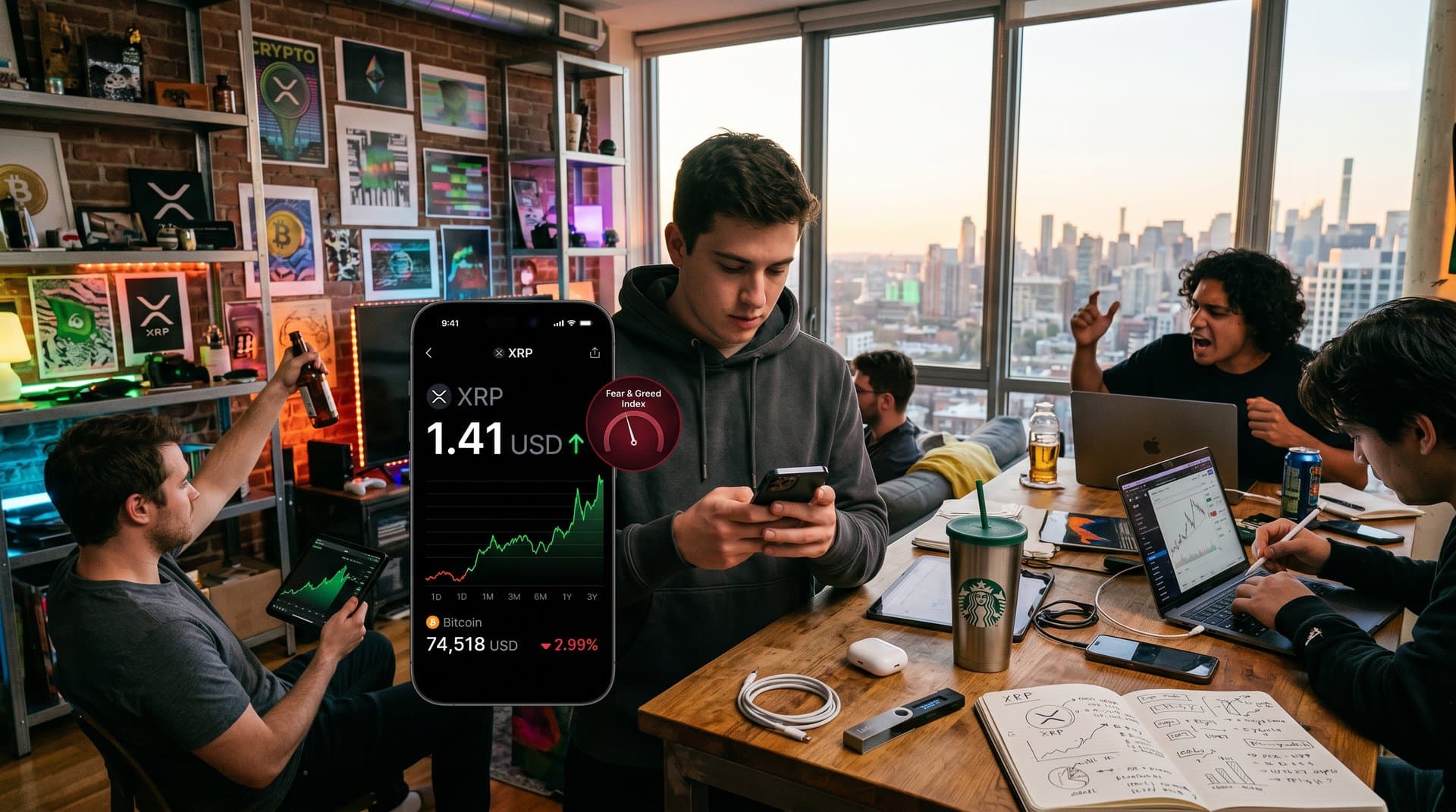 XRP-Chart übertrifft Bitcoin auf Smartphone mit WhatsApp-Gruppe und Tinder, Fear Index 29 (72 Zeichen)