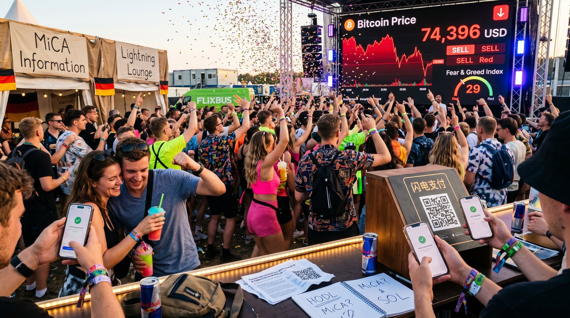 Junge Festival-Gänger mit BTC-Charts unter 80.000 Dollar und Fear & Greed Index, Lifestyle-Krypto-Vibe