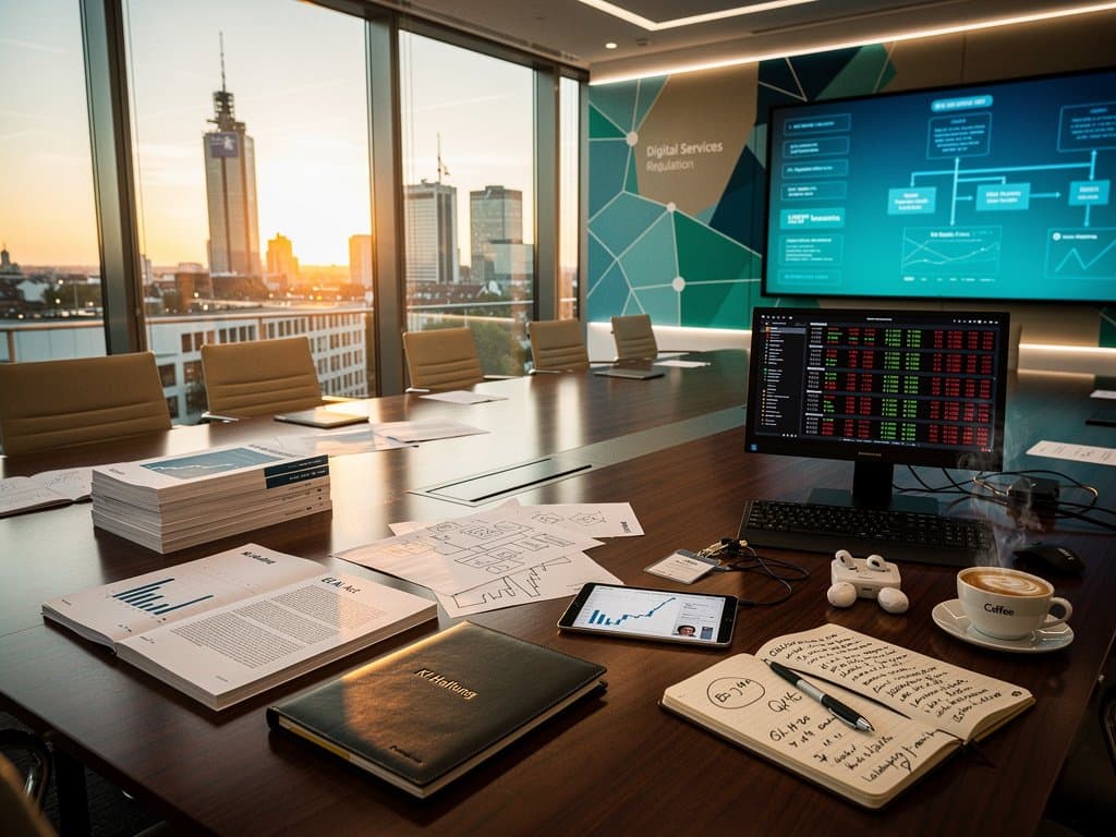 Konferenzraum in Frankfurt mit Crypto-Charts, EU AI Act-Dokumenten und Haftungsflowcharts auf Bildschirm in modernem Finanzbüro