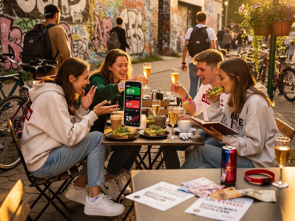 Junge Berliner beim Brunch mit BNB-App und Krypto-Charts auf dem Smartphone