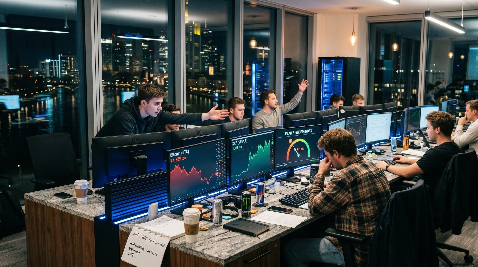 Crypto-Charts auf Multi-Monitoren in modernem Trading-Raum mit Frankfurt-Skyline und Fear & Greed Index