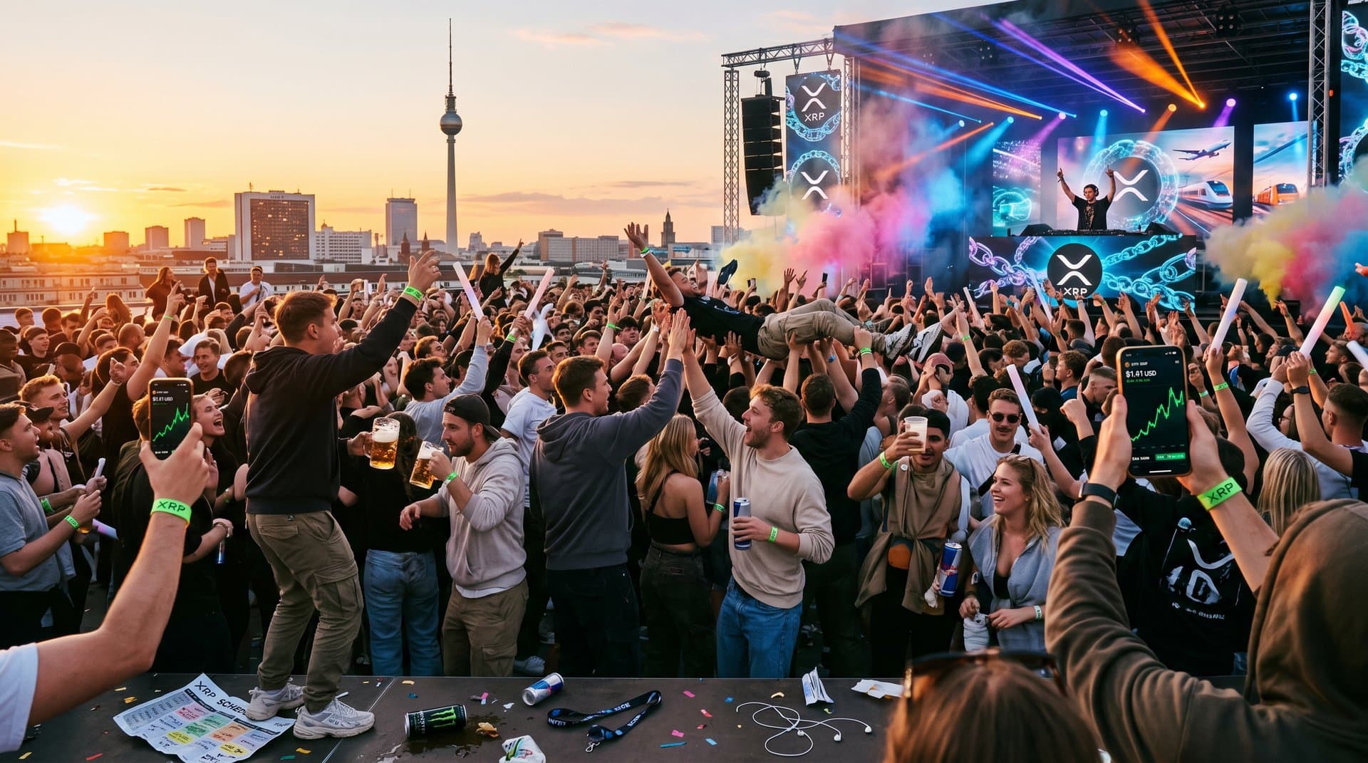 Junge Leute bei Festival feiern XRP-Charts auf Smartphones, Berlin-Party-Atmosphäre mit Crypto-Overlays (72 chars)