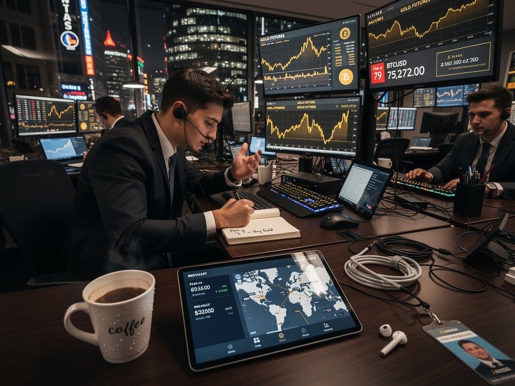 Trading-Desk mit Gold- und BTC-Charts bei 75.272 USD, Fear & Greed 29, High-Tech-Reise-Finanzumgebung