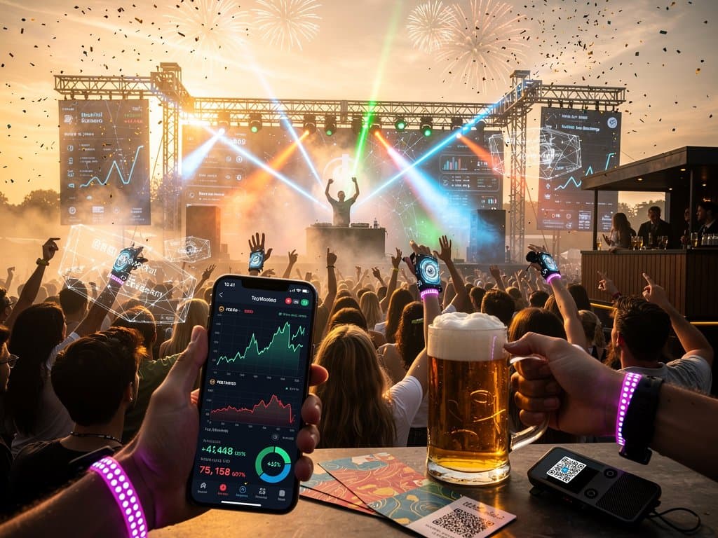 Festival-Szene mit KI-Aktien-Charts auf Smartphone, Silhouetten feiern unter Bühnenlichtern