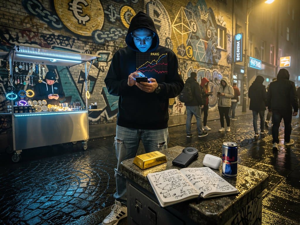 Smartphone mit Gold-backed Cryptocurrency und BTC-Charts in Berlin-Street-Art-Umgebung, stabile Gold-Ikone neben volatilen Linien