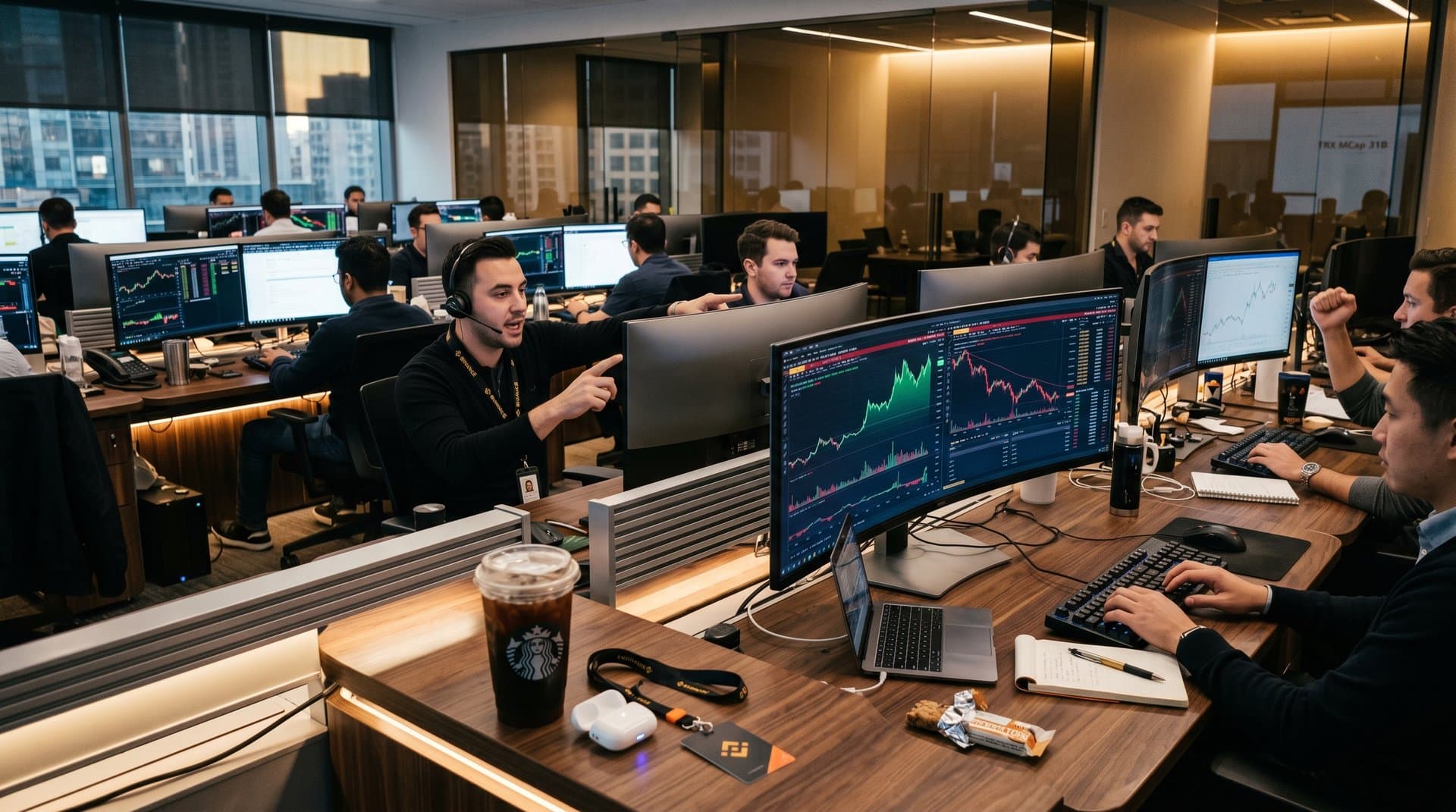 Crypto-Trading-Setup mit TRX- und BTC-Charts, Fear & Greed Index und MCap-Metriken auf Monitoren