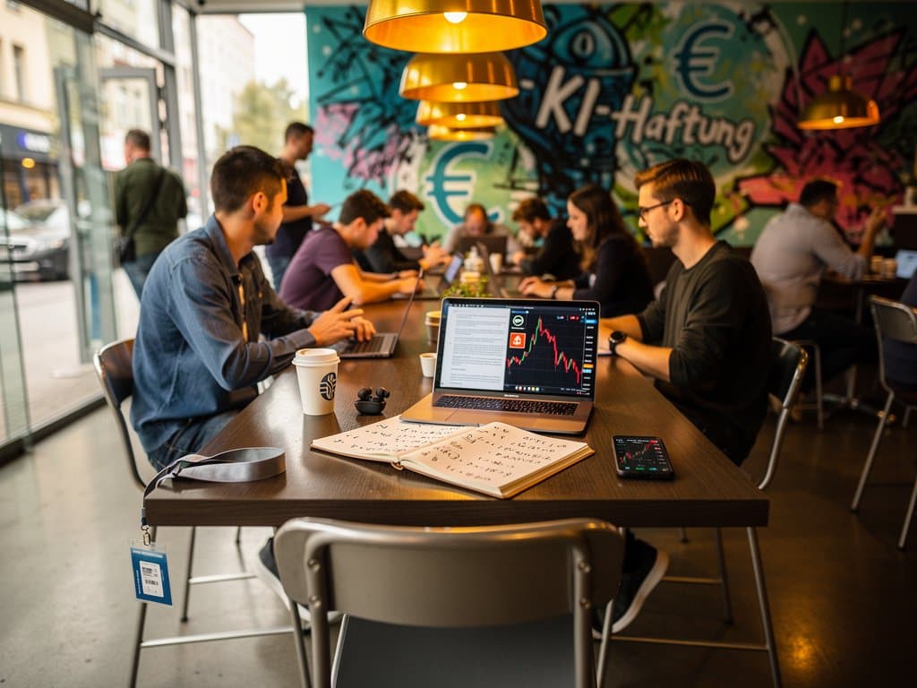 Smartphone mit KI-Haftungs-Warnung in Finanz-App und EU AI Act im Berliner Café