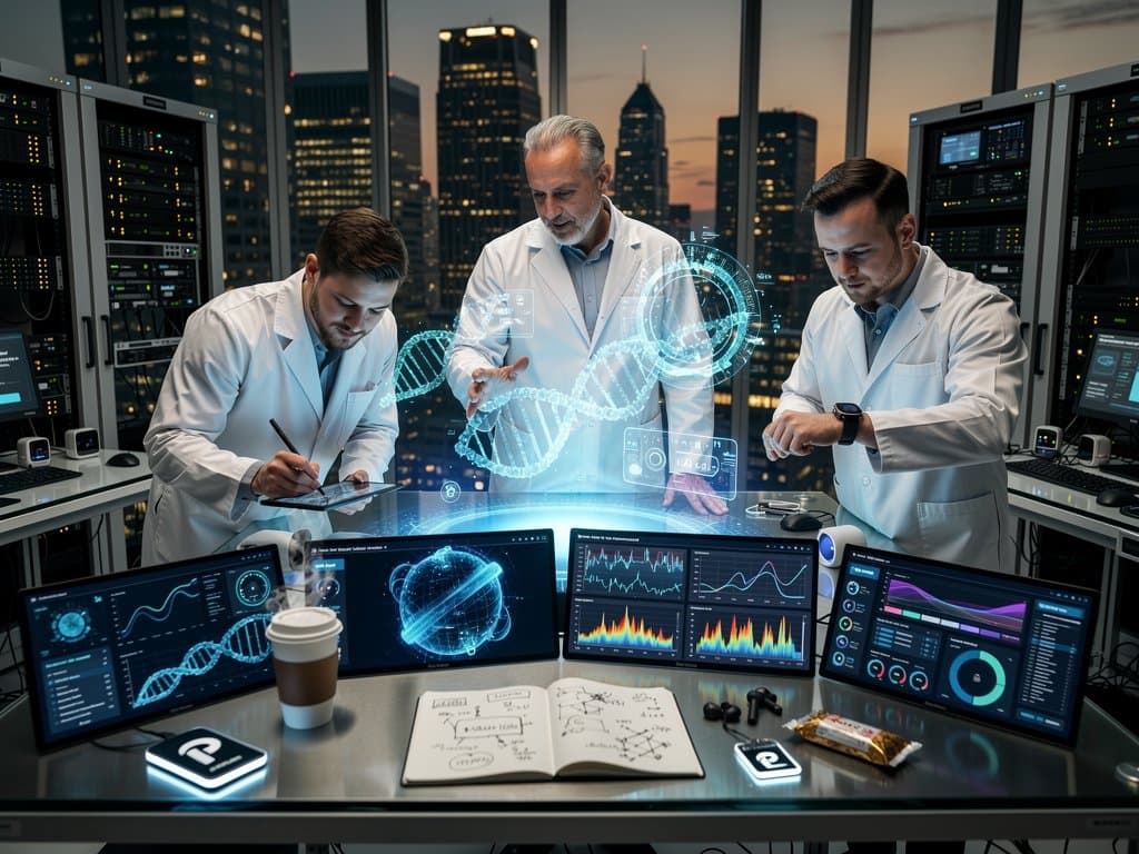 Futuristisches Health-AI-Labor mit Hologrammen, KI-Screens und neuralen Netzen in blauen Neon-Tönen