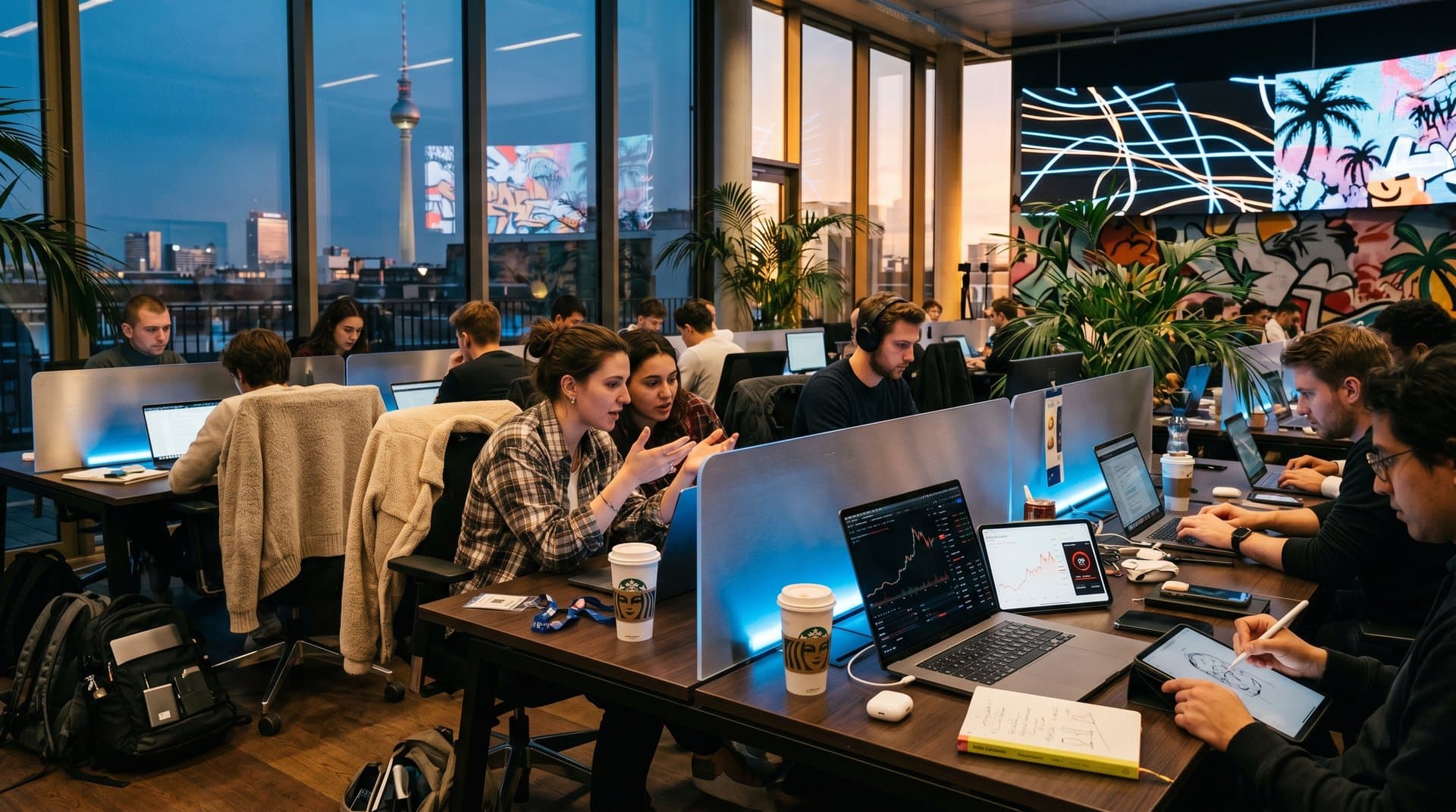 Crypto-Charts mit Gold-backed Kryptowährung, Fear & Greed 29 und BTC in Berliner Coworking