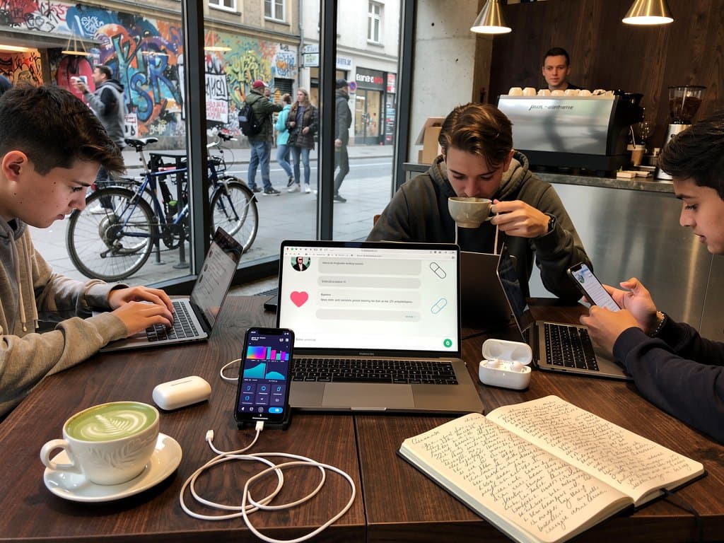 Smartphone mit KI-Gesundheitsberater App in Berliner Café, Chat über Symptome