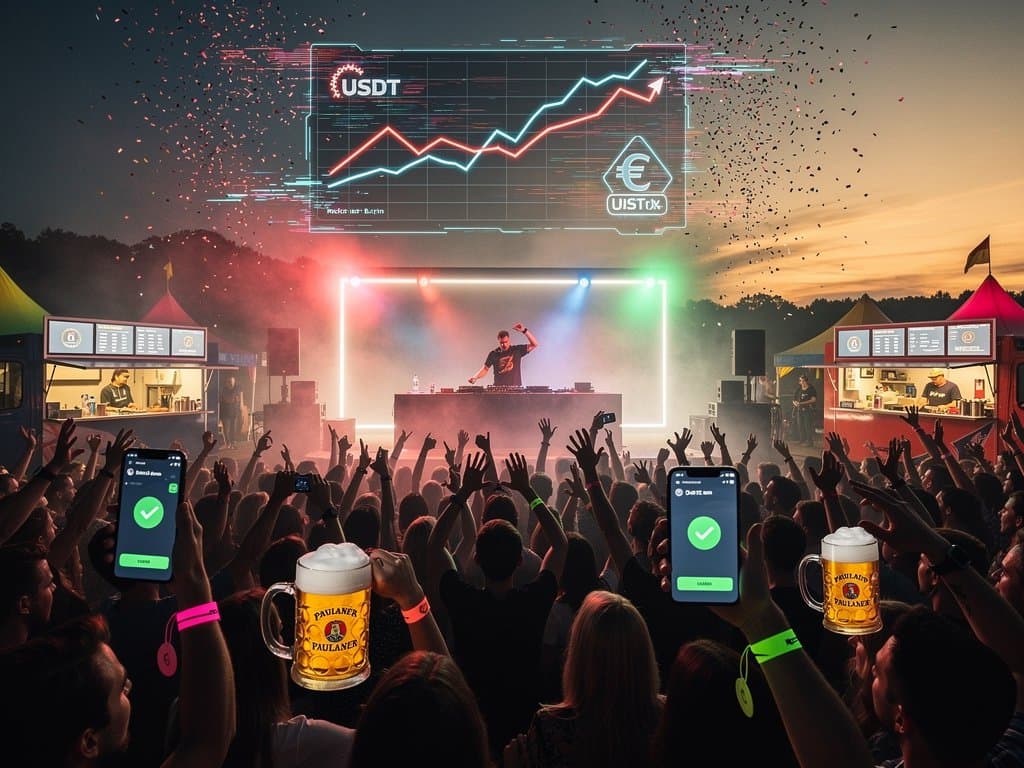 Junge Festival-Besucher splitten USDT-Rechnungen per Smartphone mit Dollarisierungs-Graph-Overlay und BIS-Warnung