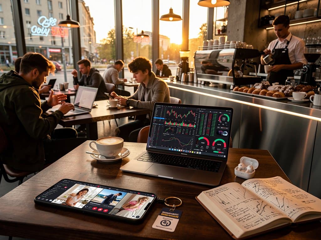 Smartphone mit KI-Fake-Influencer-Feeds, Crypto-Charts und Fear & Greed 29 im Café