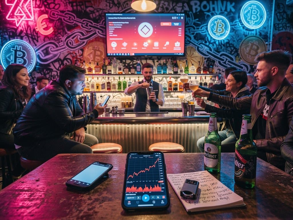 Berliner Bar-Szene mit Bitcoin-Chart bei 76.243 USD, Geldwäsche-Warnsymbole und Party-Atmosphäre