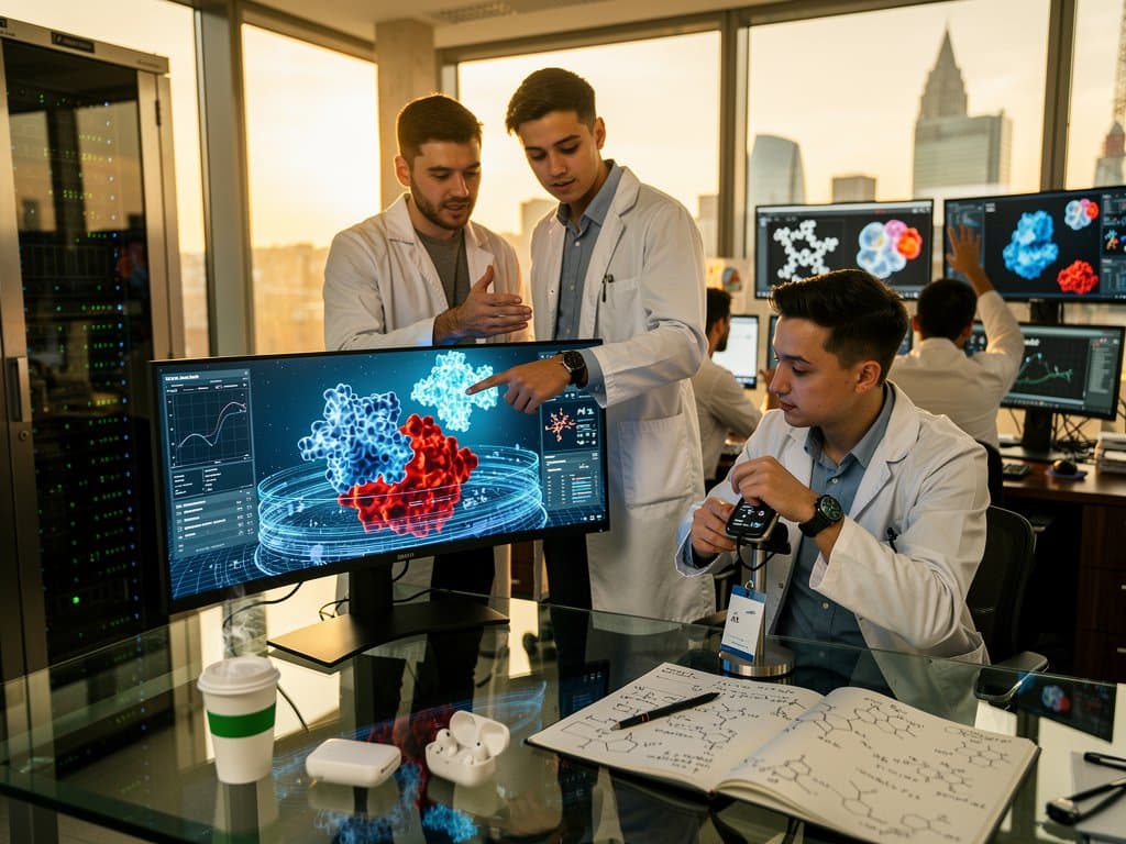 Futuristisches KI-Labor mit AlphaFold-Proteinmodellen und Wellness-Apps auf Monitoren