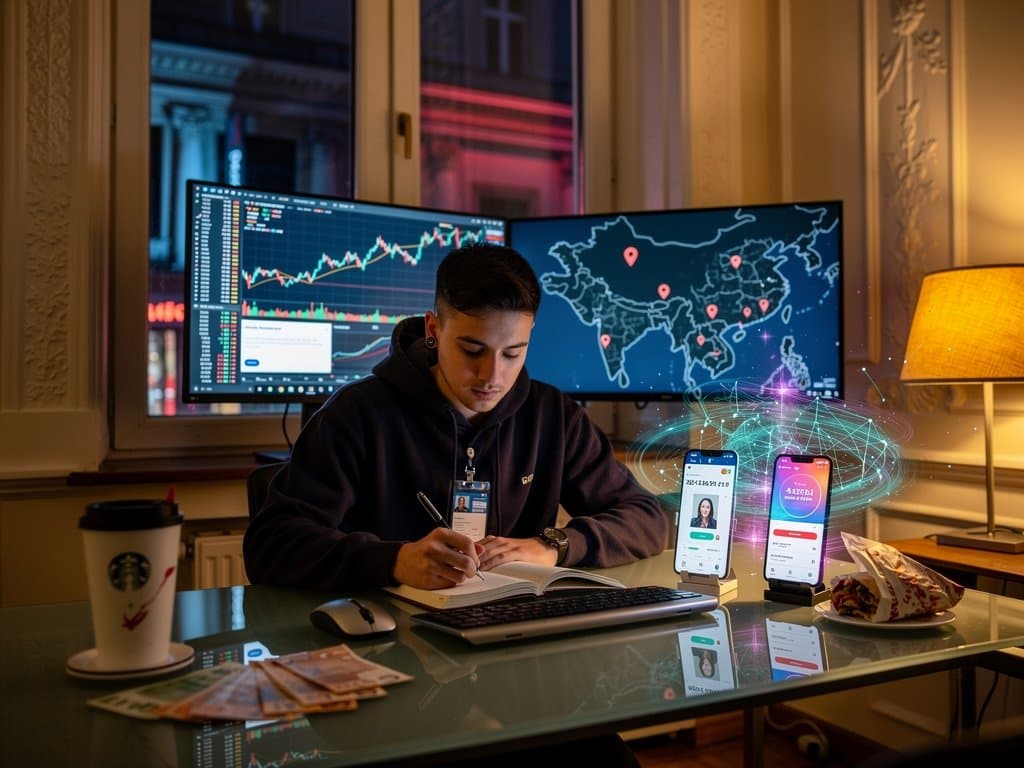 Smartphone mit Dating-App, Krypto-Wallet und Blockchain-Warnung in urbaner Nachtszene