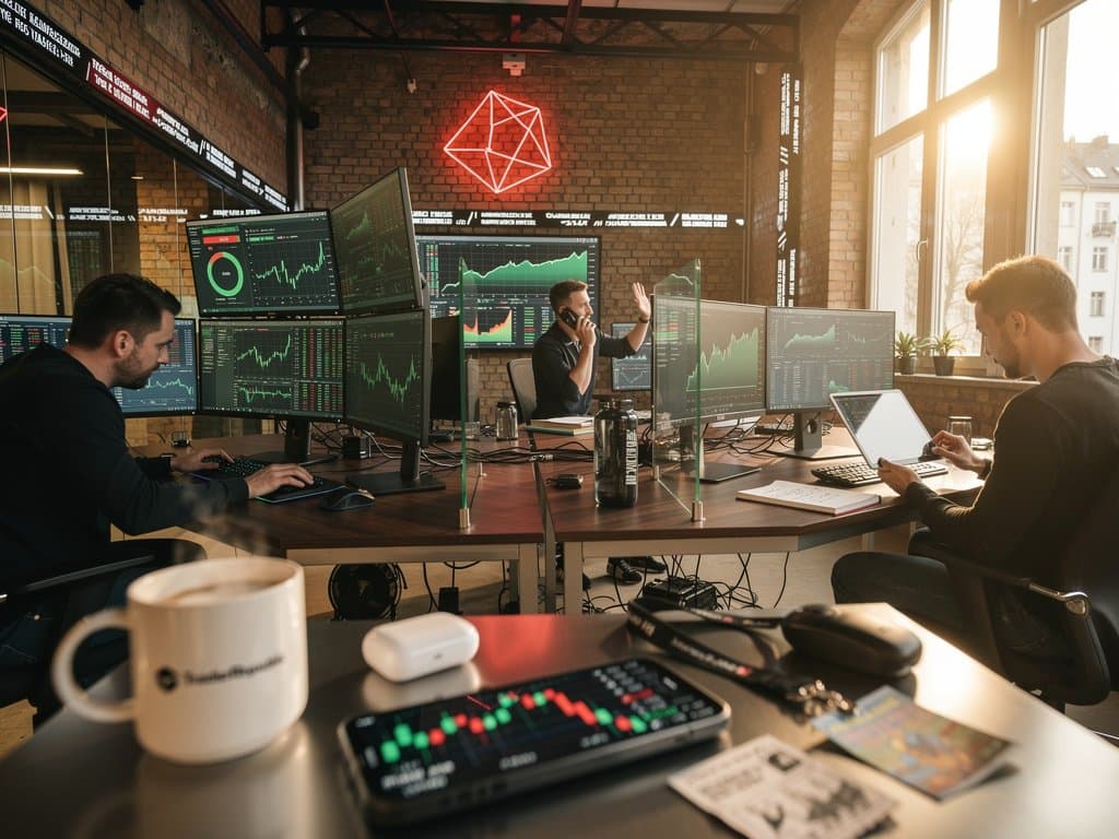 Trading-Desk mit KI-Aktien-Charts, Fear & Greed 33, BTC-Preis und Trade Republic App in urbanem Berlin-Loft-Stil