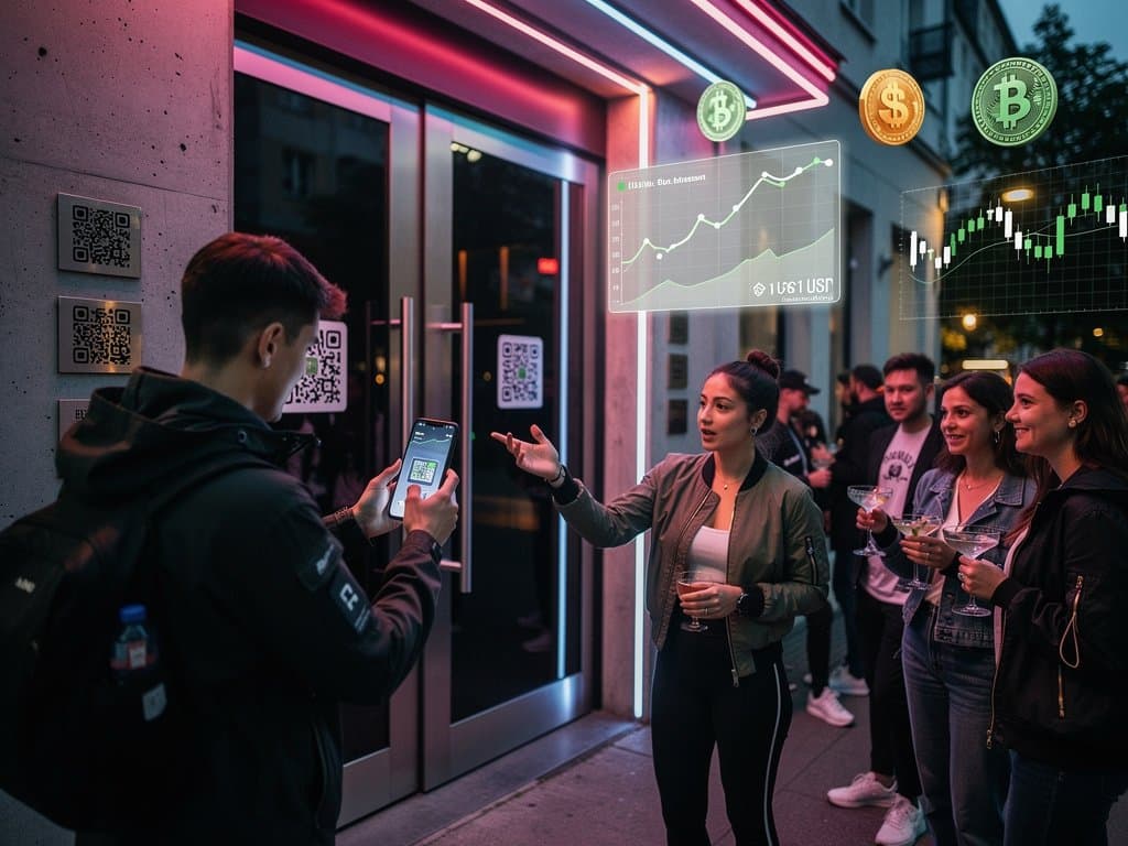 Berliner Club-Szene mit USDT-QR-Codes, holografischen Stablecoin-Charts und Party-Atmosphäre