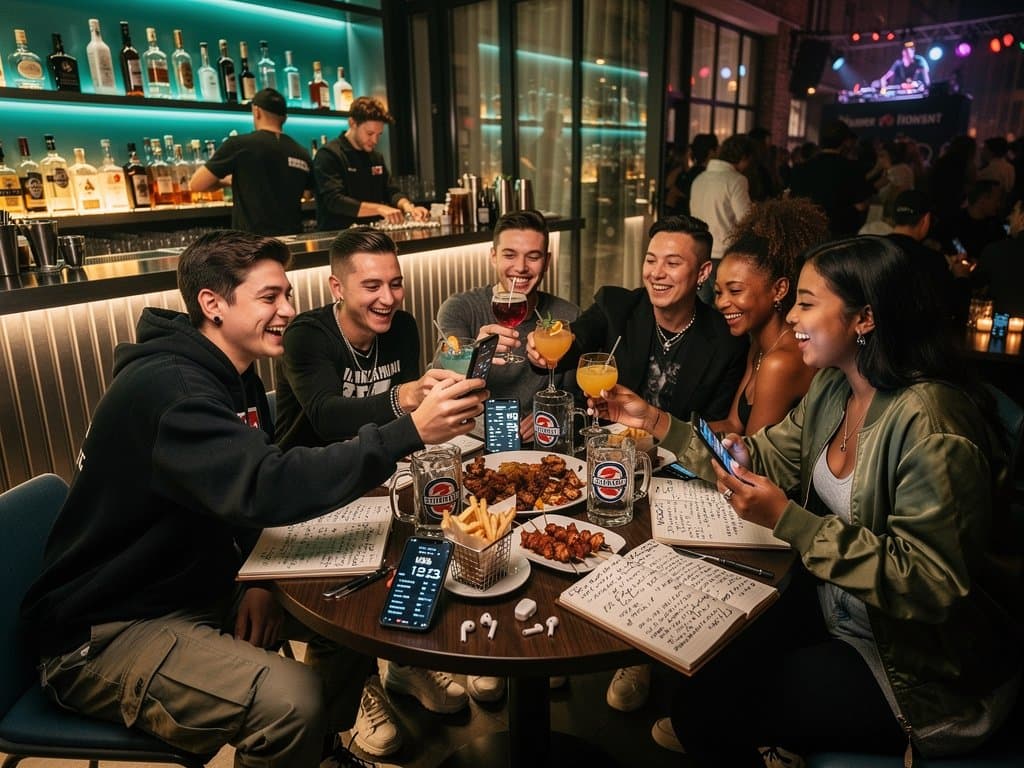 Junge Freunde in Berlin-Bar mit USDT-Wallets und Dollar-Euro-Kollision im Hintergrund