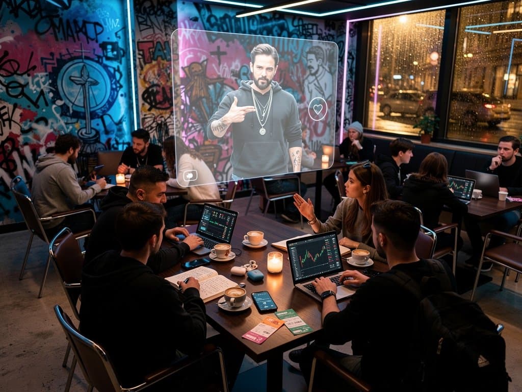 Abstrakte Szene in Berliner Café: AI Jesus Hologramm, Crypto-Charts, Fear & Greed 33 und Dating-Apps