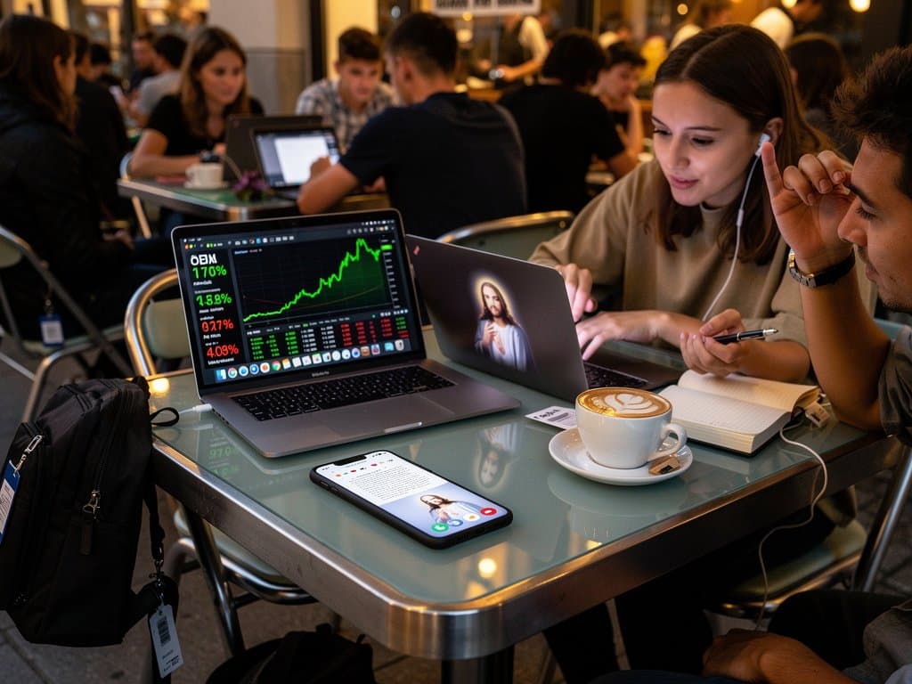 Smartphone-Chat mit Jesus AI zu Liebe und Krypto-Charts in Café-Setting