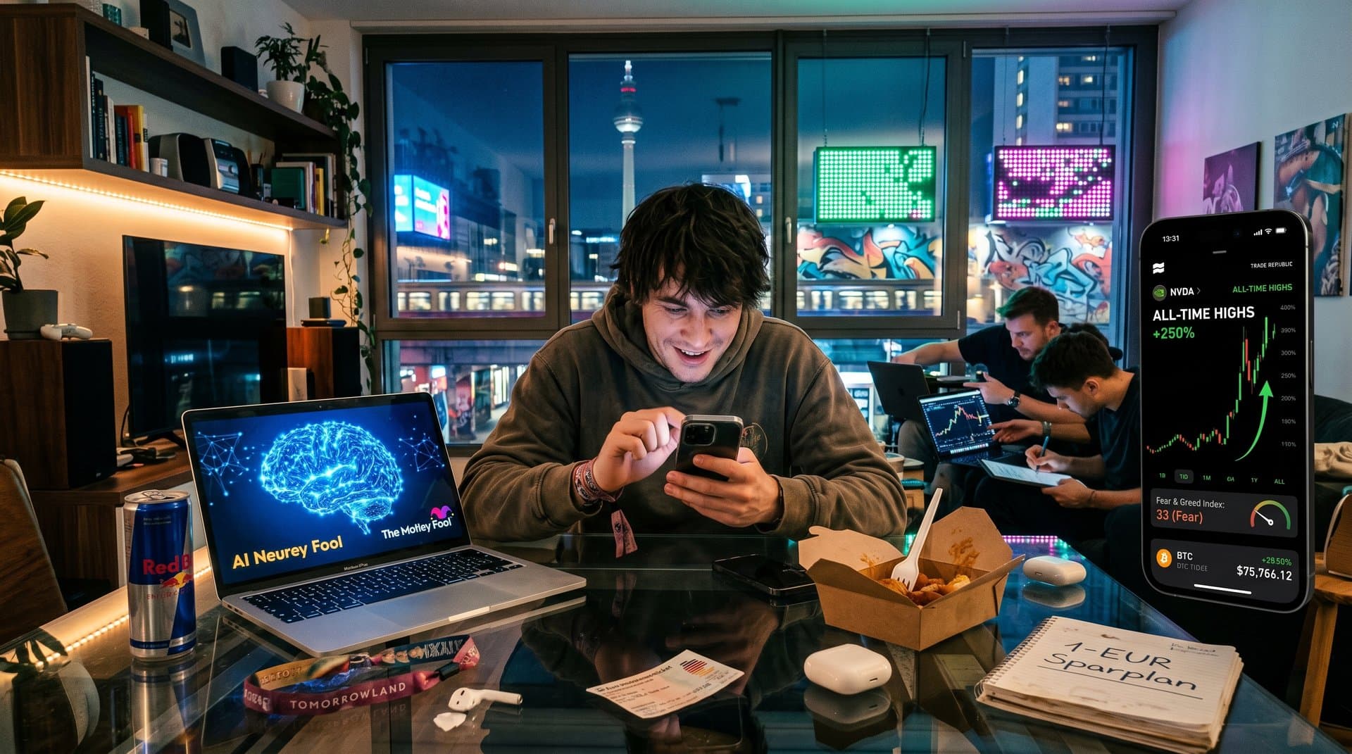 Junger Investor mit Smartphone und Trade Republic App, Nasdaq Allzeithochs Charts, AI-Ticker und Party-Vibes in Berliner WG