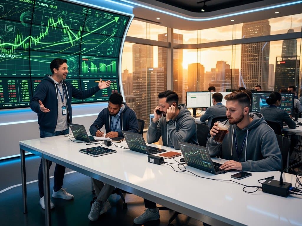 Trader analysieren Nasdaq-Rekordjahr-Charts und AI-Aktien mit Krypto-Preisen in moderner Trading-Umgebung